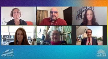 screen snap of video conference with with a panel of speakers