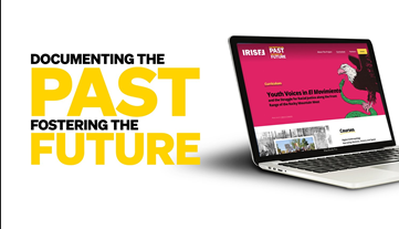 Logo that reads "Documenting the past, fostering the future" with a picture of an open laptop with IRISE on the screen