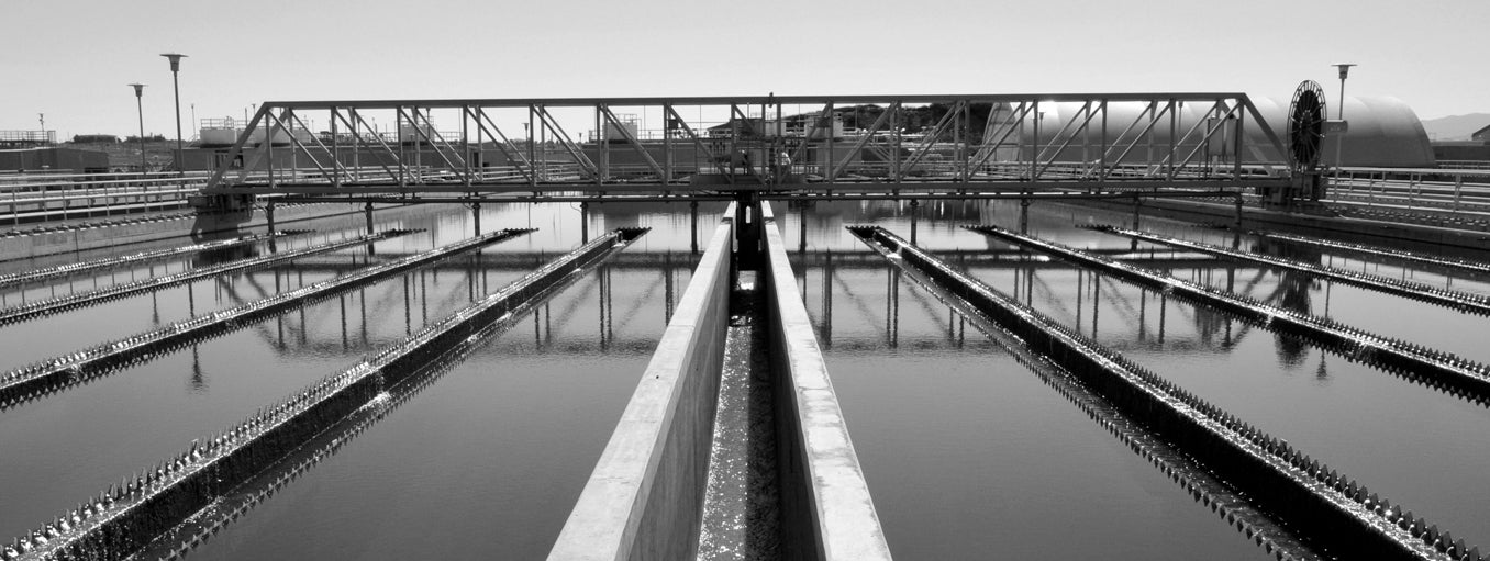 black and white photo of water treatment pools